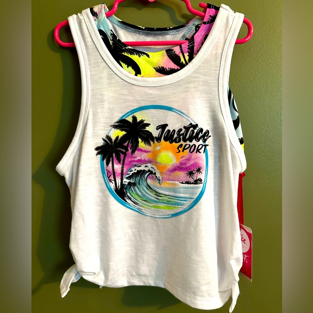 Justice Sport White Tank Top with Tropical Print with Bra (7/8)